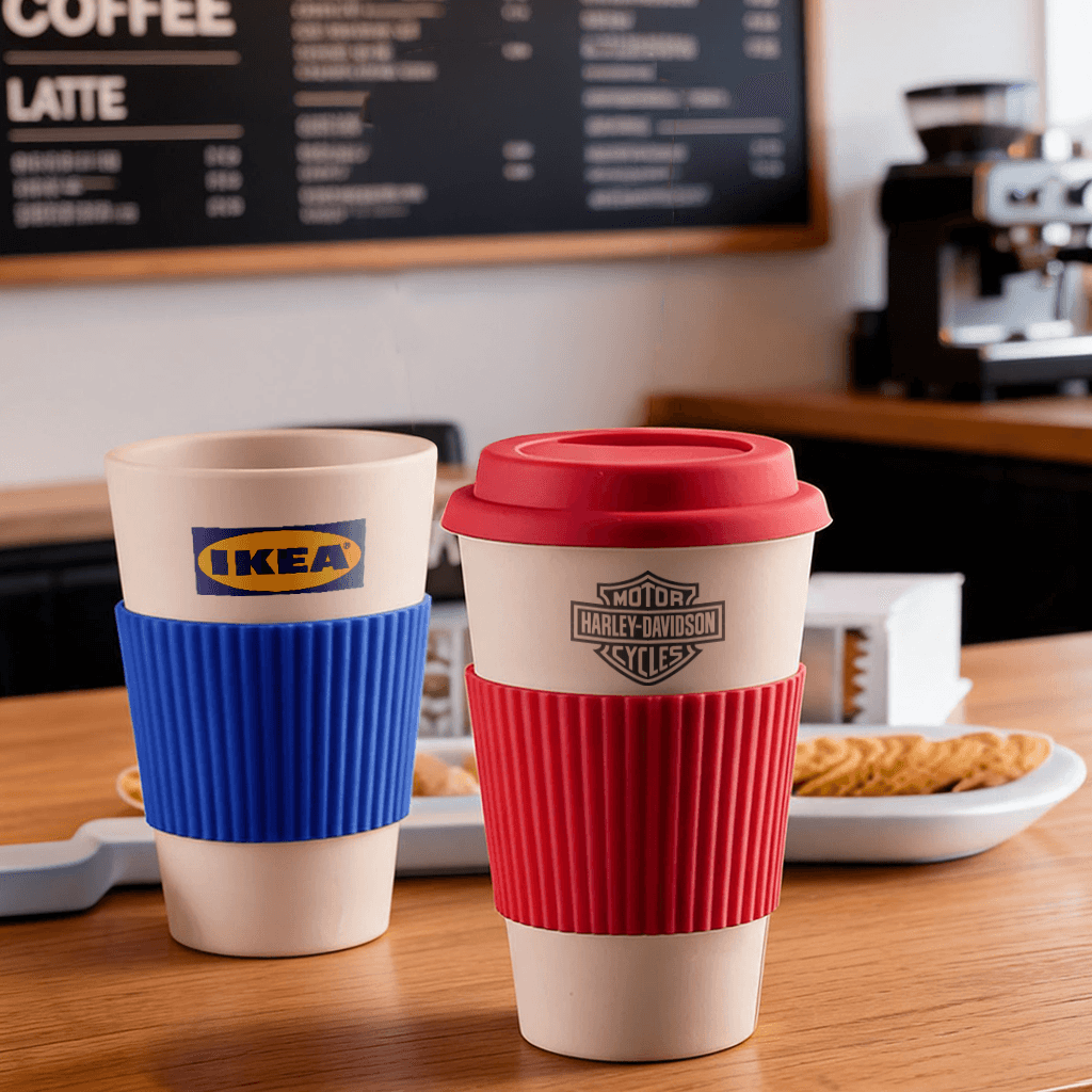 Mug Serat Bambu 400ml dengan Tutup & Sleeve - cetak logo