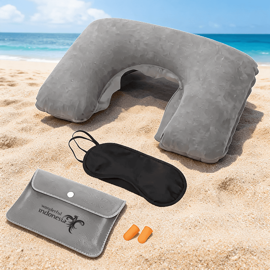Bantal Leher Tiup dengan Penutup Mata & Earplug Set - cetak logo
