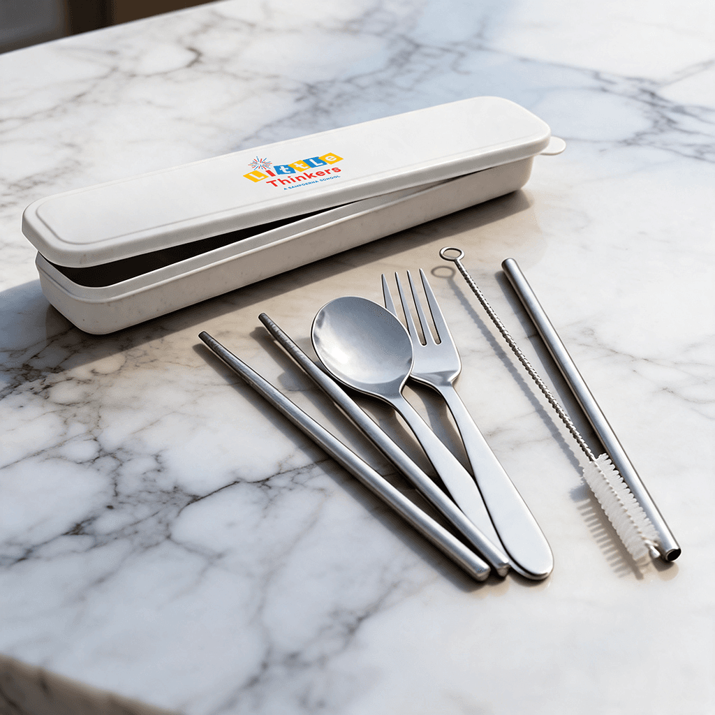 Set Cutlery Stainless Steel dengan Sedotan dalam Wheat Case - cetak logo