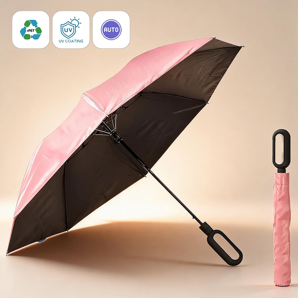 Payung Lipat Otomatis RPET 23'' dengan Carabiner (Lapisan UV) - cetak logo